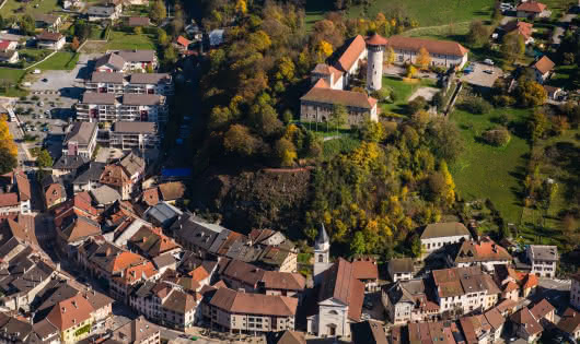 Aerial view of Faverges castle and the urban heritage